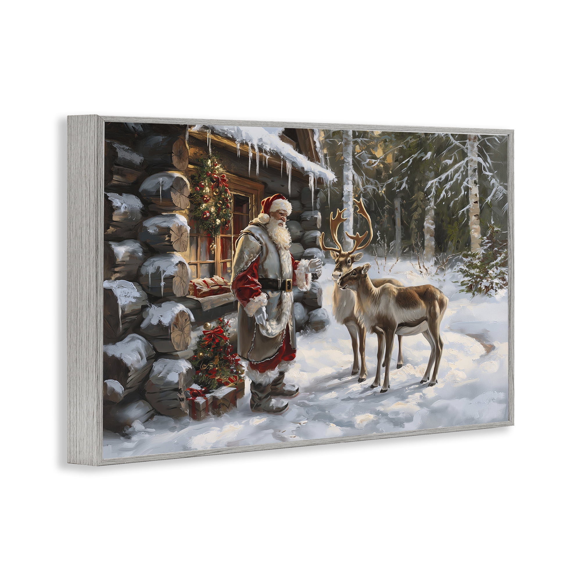 Stupell Industries Santa's Cabin with Reindeer Holiday Painting Gray Framed Art Prints Wall Art, 18 x 12