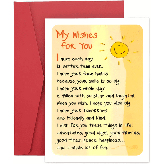 My Wishes for You Greeting Card – Inspirational Message with Sunshine Design – Blank Inside for Personalization – Perfect for Any Occasion, Includes Red Envelope