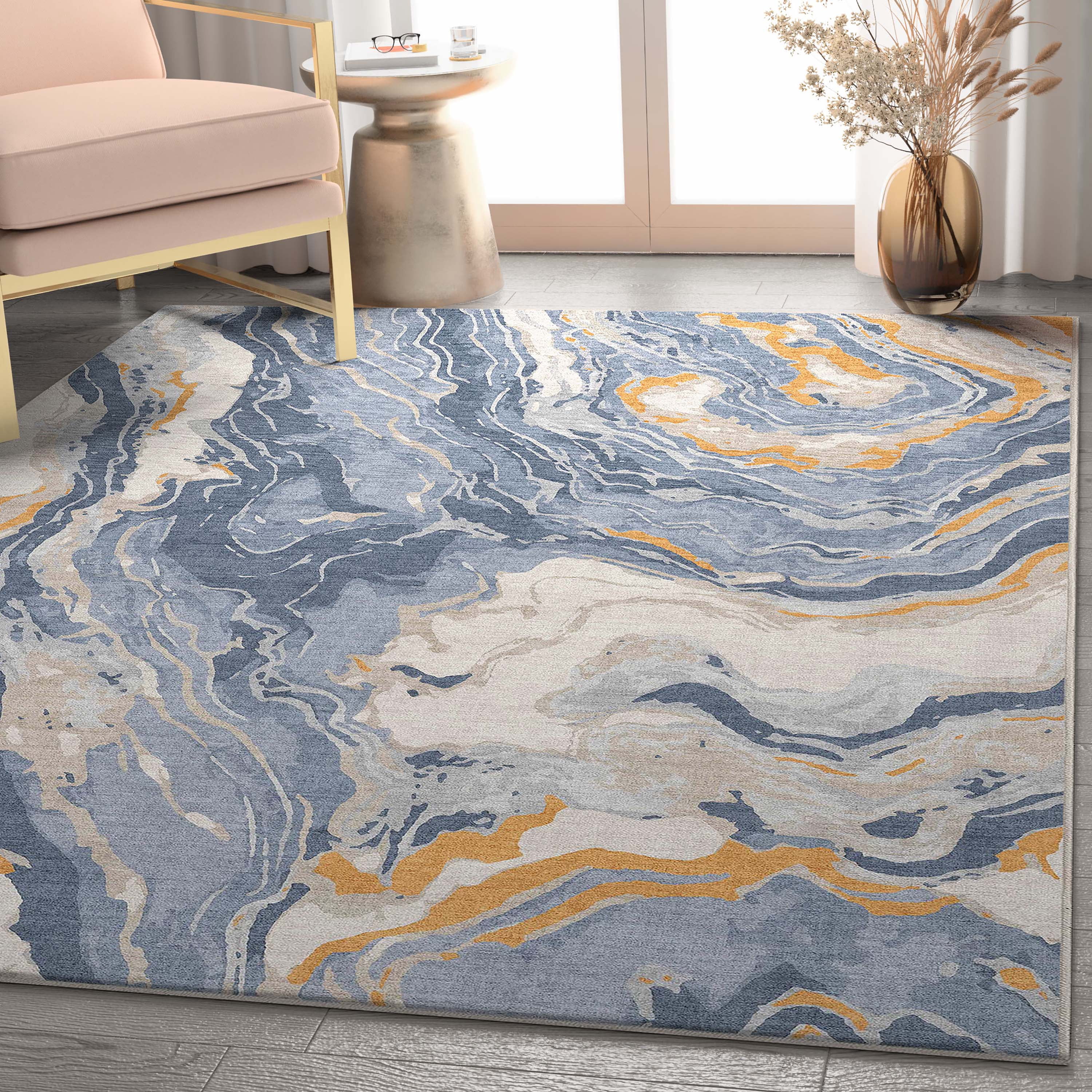 Well Woven Abstract Harmony Modern Stripes Pattern Blue Gold Flat-Weave Easy to Clean 3'3" x 5' Area Rug