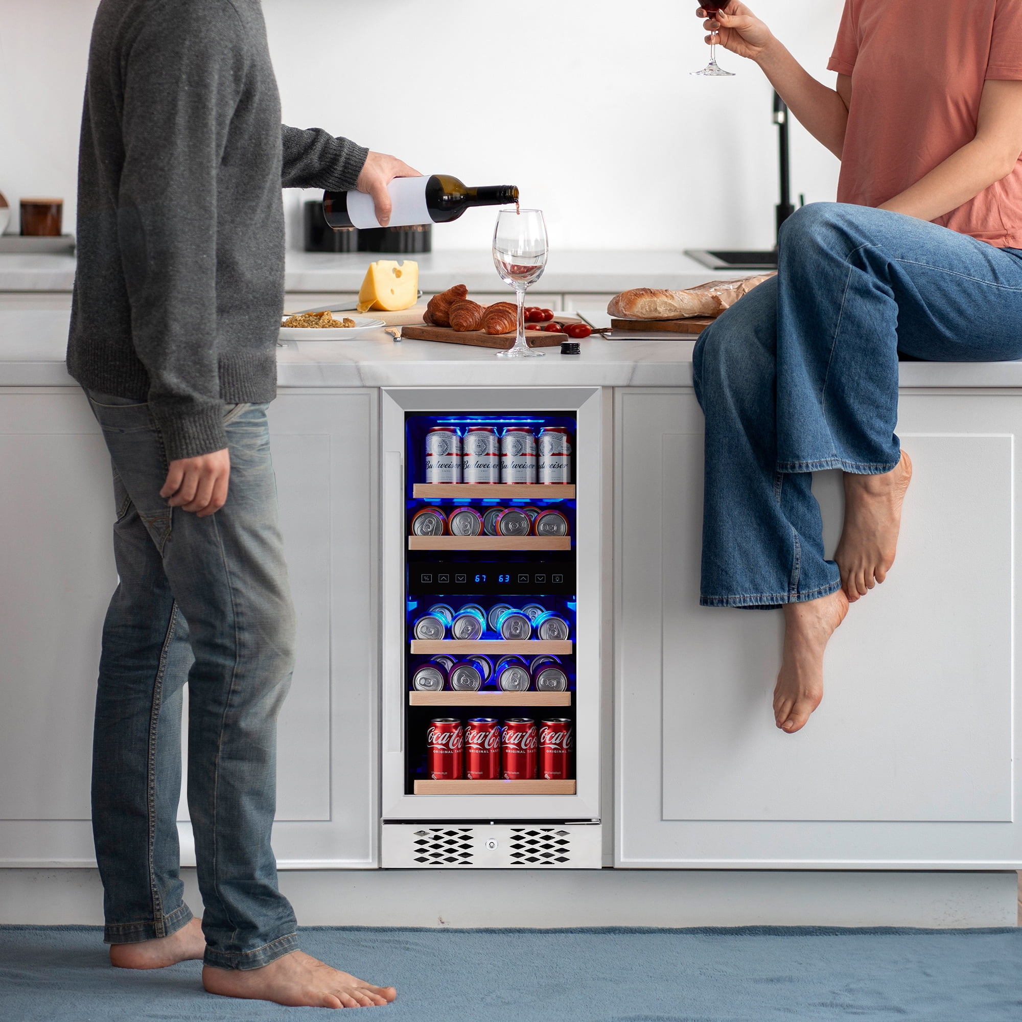 96 Cans Beverage Refrigerator, 15 Inch Built-In Lockable Mini Fridge with Tempered Glass Door, 38-66℉ Temperature Control, Freestanding Drink Cooler with Blue Led Light for Home
