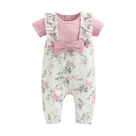 

Toddler Baby Girl Floral Romper Short Sleeve Ribbed Patchwork Jumpsuit Bodysuit One Piece Summer Fall Clothes