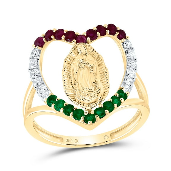 10K Yellow Gold Natural Gemstone & Diamond Virgin Mother Mary Heart Ring 1/3 CT.