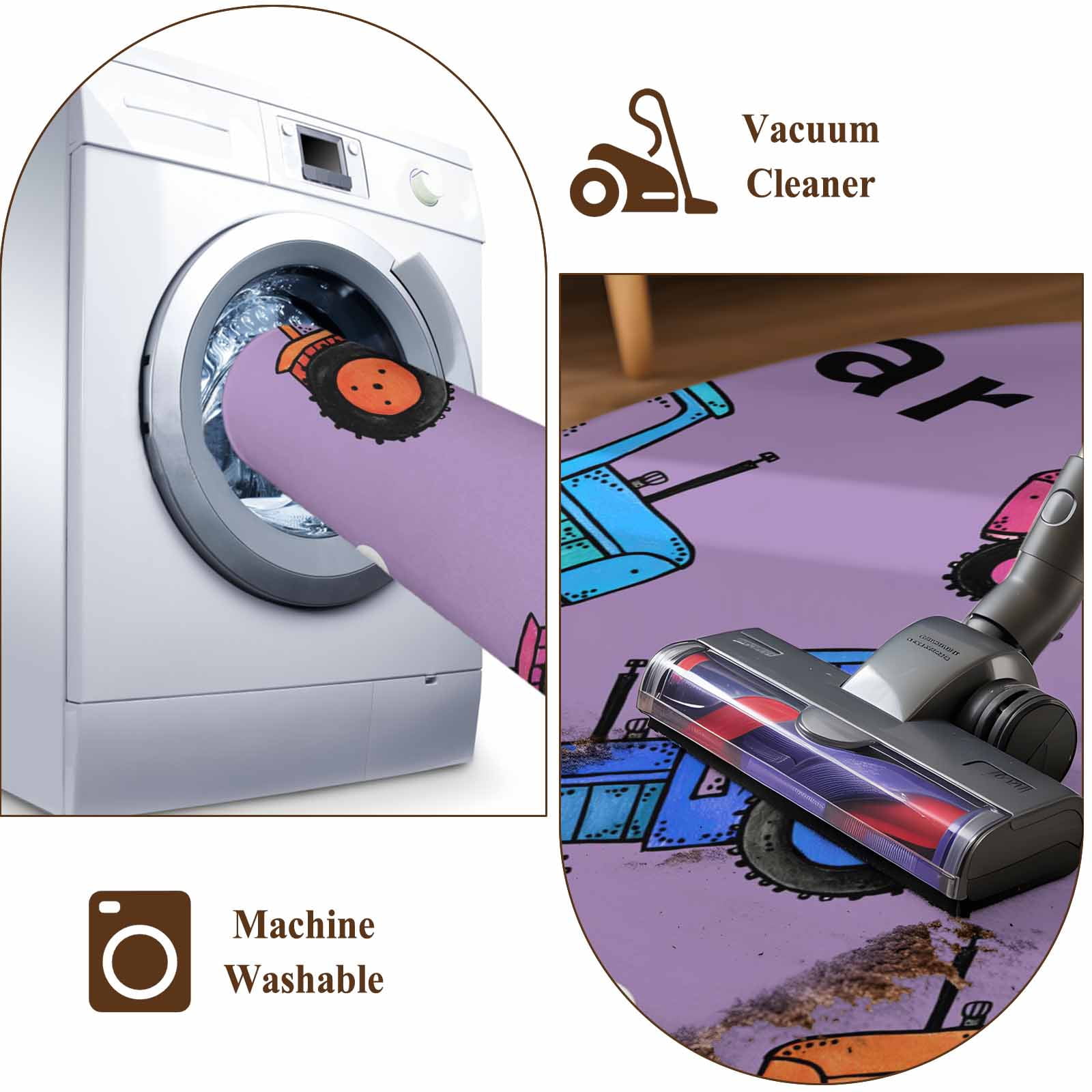 Cartoon Tractor Round Area Rug 8Ft Washable Large Circle Rugs for Living Room Dorm, Cute Beep Car Digger Shovel Truck Light Purple Non-Slip Carpet Floor Mats Indoor Outdoor Carpet Runner Home Decor
