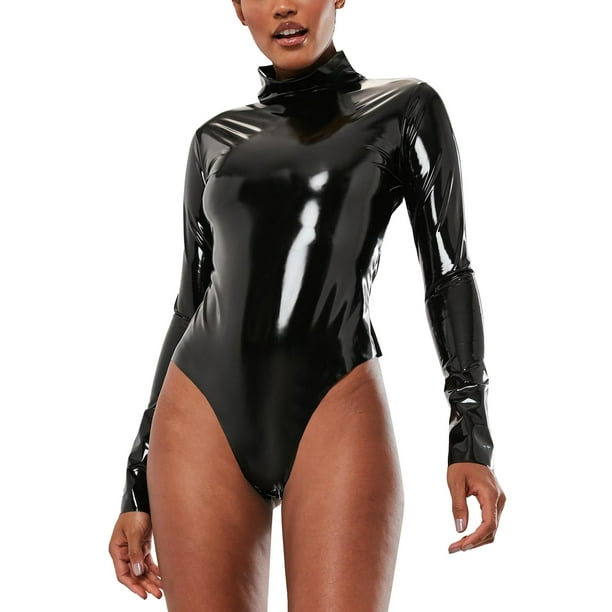 Aligament Intimates For Women PU Bright Leather Bodysuit Long Sleeve  Turtleneck Slim Elastic Bodysuits Rompers Female Zipper Black Bodysuits  Size 3XL 