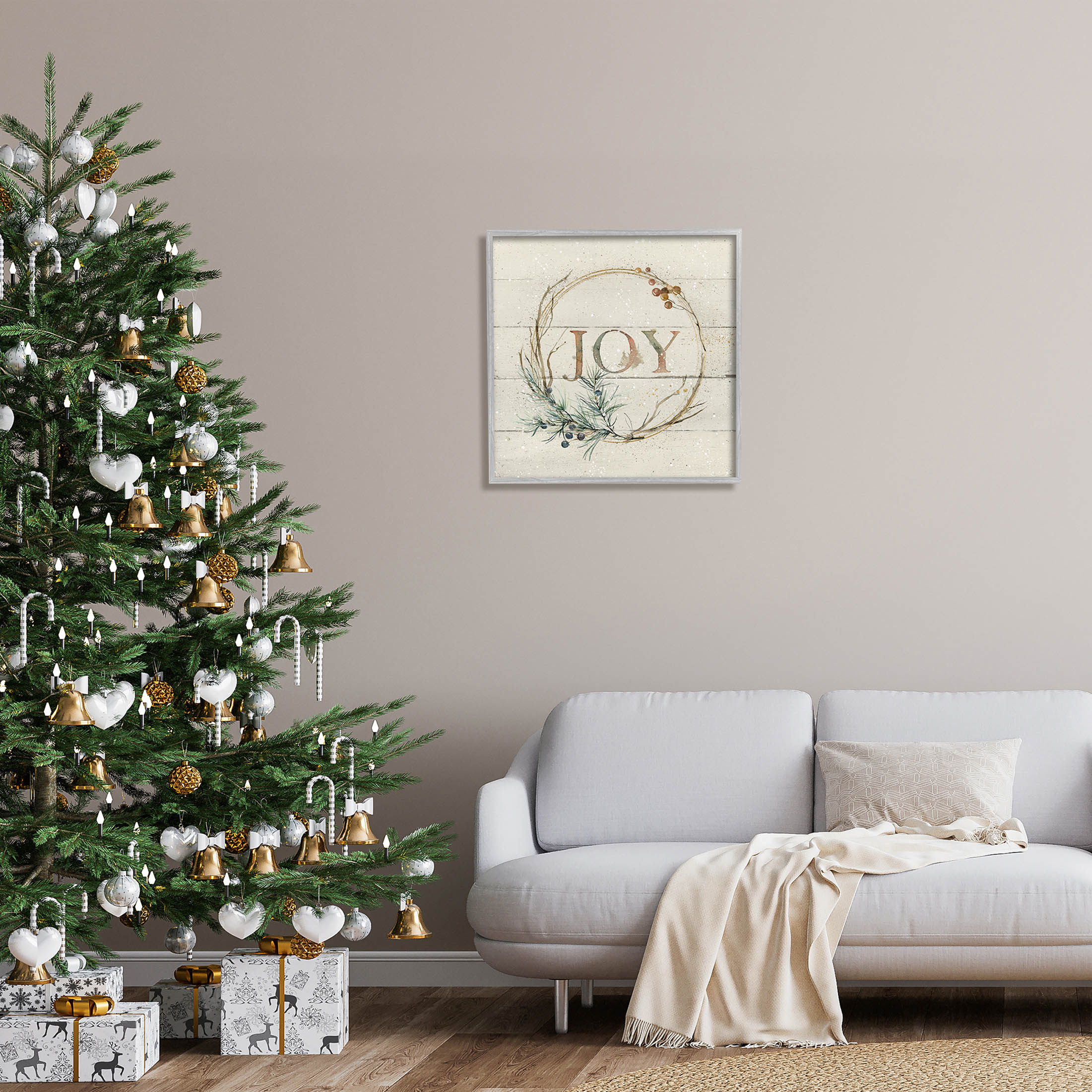 Stupell Industries Seasonal Winter Joy Wreath Graphic Art Gray Framed Art Print Wall Art, Design by Carol Robinson