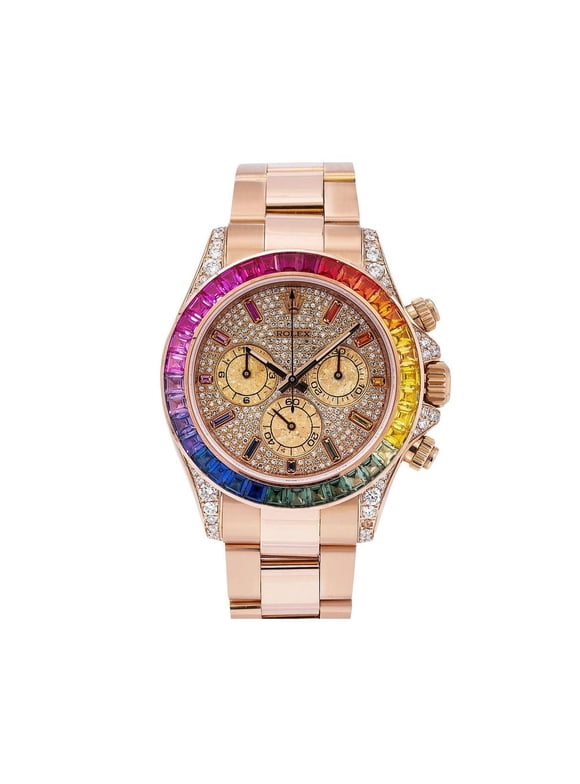 Pre-Owned Rolex Cosmograph Daytona 40MM 116505 Diamond Paved Rainbow Hour Dial Rainbow Gemstone Bezel 18K Rose Gold Oyster Bracelet