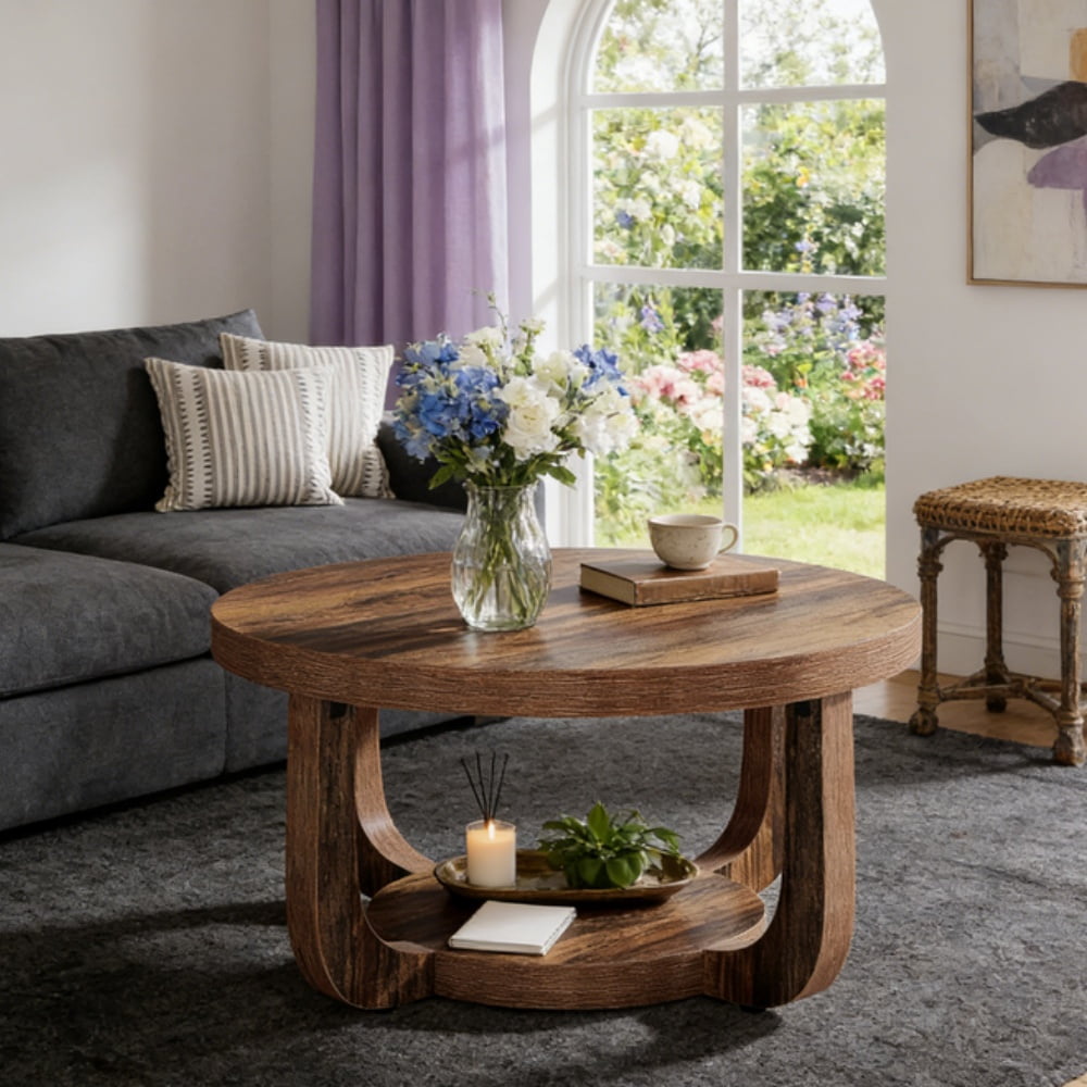 Coffee Table Round Rustic Brown 2 Tier Storage Modern Living Room Furniture