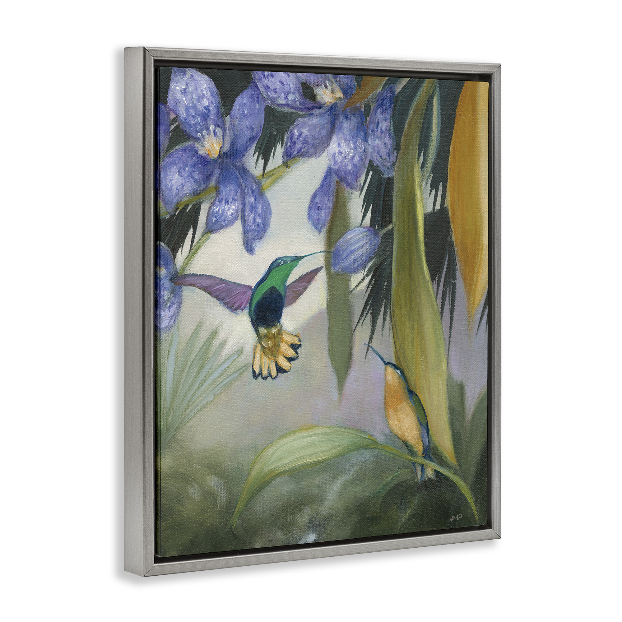 Stupell Industries Hummingbirds in Nature Landscape Painting Gray Floater Framed Canvas Art Print Wall Art, 25 x 31