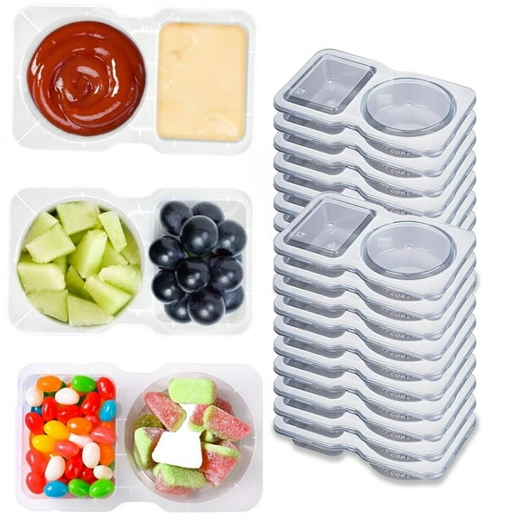 20Pcs Snack Containers with Lids , 2 Compartment Condiment Containers for Sauce and Snacks for Lunches Picnics Camping