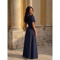 thumbnail image 2 of Multicolor Navy Blue Polka Dot Print Dress, Womens Round Neck Short Puff Sleeve Belted Maxi Dress, 2 of 7