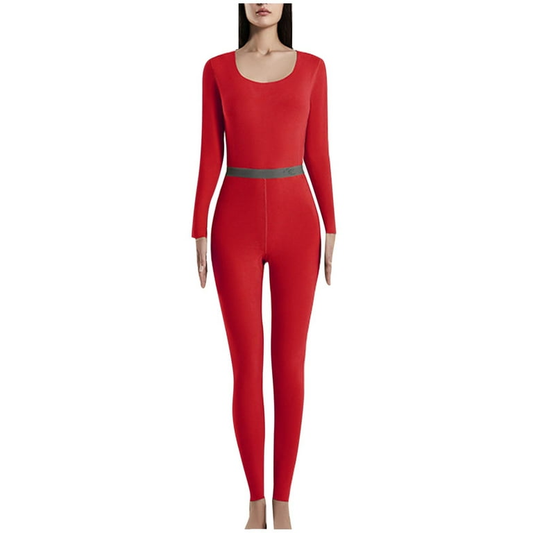 RQYYD On Clearance Womens Thermal Underwear Set,Long Sleeve Long Johns  Solid Color Double-sided Base Layer Fleece Lined Ultra Soft Thermal Red 3XL