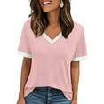 thumbnail image 2 of MIXUE Boho Tops For Women Summer Solid Color V Neck Short Sleeve Casual Warm T Shirts Daily-Wear,Pink,L, 2 of 5