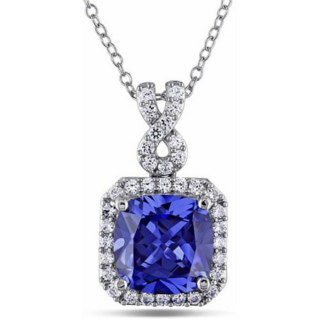 6-2/5 Carat T.G.W. Created Tanzanite and Created White Sapphire Sterling Silver Halo Pendant, 18