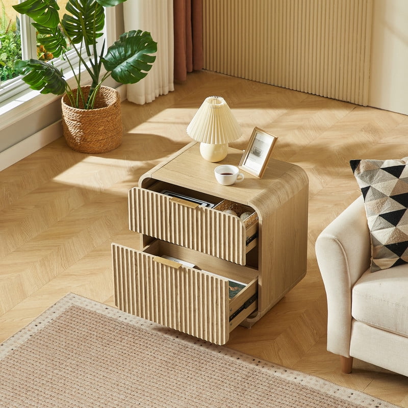 1PCS Modern Wavy Fluted-Design Nightstand Table with 2 Drawers, Curved Versatile Bedside Small Storage Cabinet