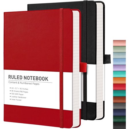 Lined Journal Notebook 2-Pack 192 Numbered Pages per Pack A5 Medium Size (5.7 x 8.3 ) for Men & Women Writing Work Leather Hardcover 100 GSM Thick Paper (Black & Red)