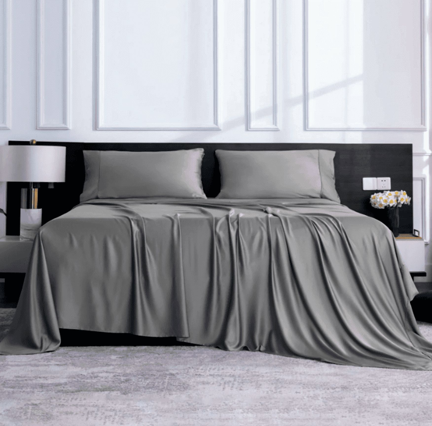 Lidoloka Luxury Bamboo Bed Sheets Set Queen 4 Pcs for Adult,Soft&Cool,16" Deep Pocket,Dark Gray