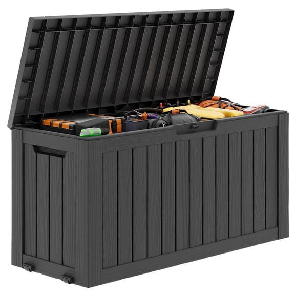 Nihsuao 80 Gallon Wood-grain Resin Deck Box, Lockable Weatherproof Outdoor Storage Bin for Patio Cushions, Garden Tools, and Backyard Use, Black