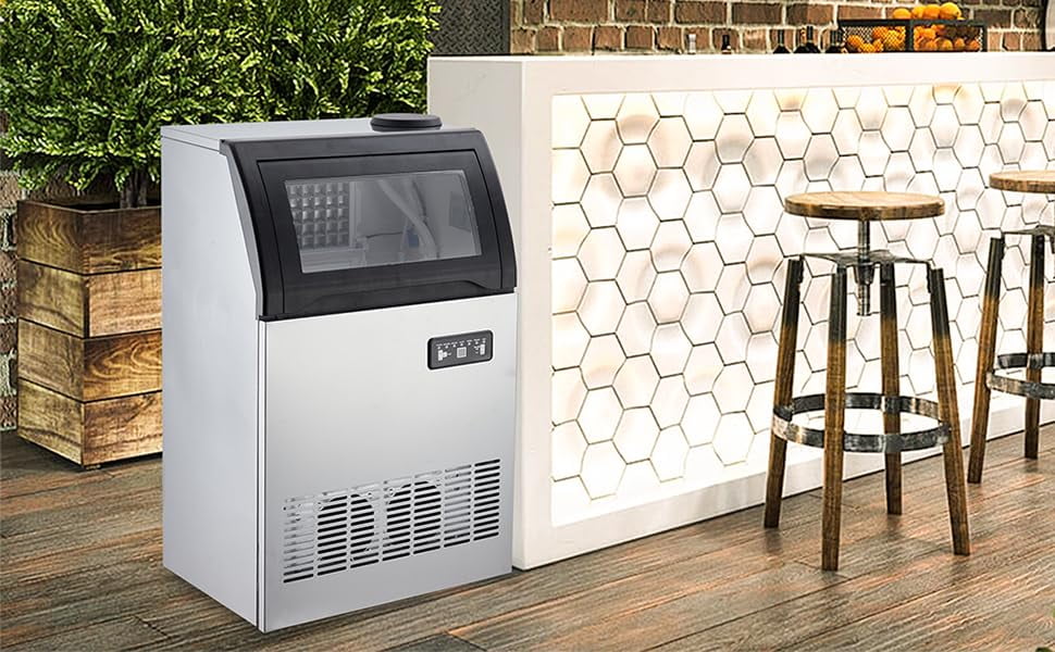Tuekys Commercial Ice Maker, 155 Lbs/24H Stainless Steel Undercounter Ice Maker, LED Digital Display Freestanding Ice Machine, 33 Lbs Storage Capacity for Bars/Cafes/Homes