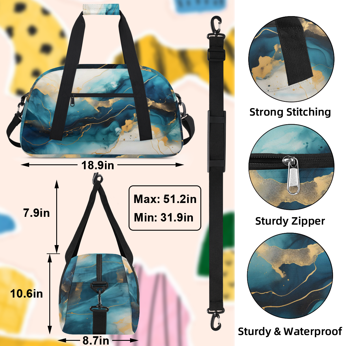 Herdesigns Sports Duffle Bags Travel Duffle Bag Gym Bag Turquoise Abstract Gold And Blue Marble Weekender Travel Bag Waterproof Overnight Bag Carry On Travel Tote Bag Dance Bags