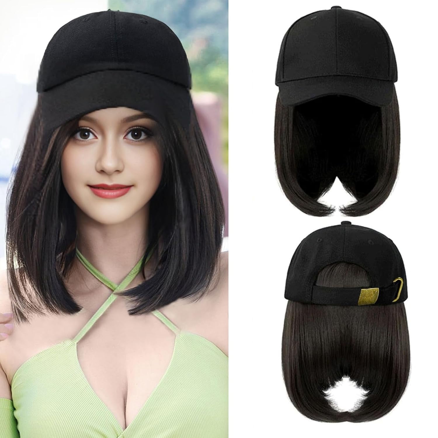YEKEYI Baseball Cap with Hair Extensions Hat Wig Adjustable Hat Attached Short Straight Synthetic Hairpiece for Women