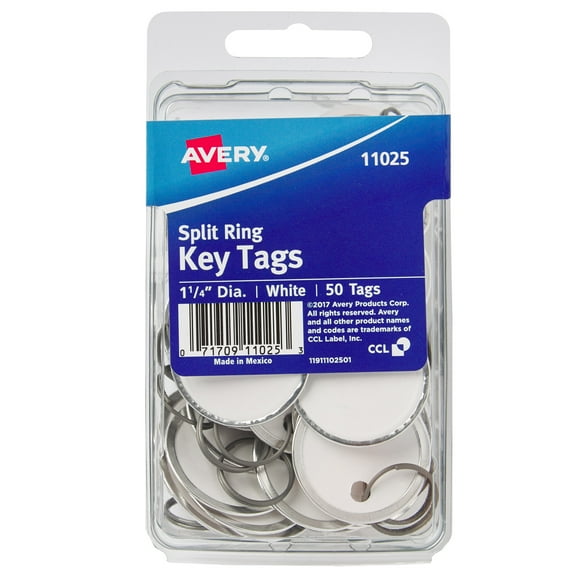 Avery 1-1/4" Metal Rim Key Tags, Split Ring, White, 50 Tags (11025)