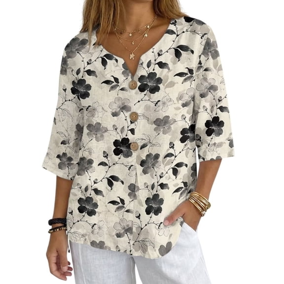 Xoenoiee Black Gray Cherry Blossom Print Women Linen Shirt Button Down Shirt Casual V Neck Blouses for Women 3/4 Sleeve Oversized Linen Tops for Spring Summer, Small