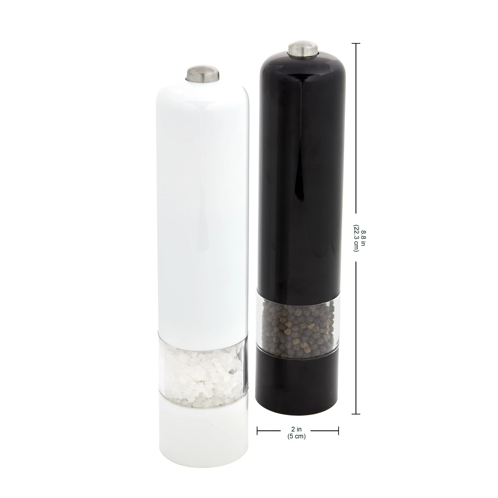 KAMENSTEIN 8-INCH BATTERY OPERATED PREFILLED SALT & PEPPER GRINDER SET, BLACK & WHITE