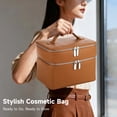 thumbnail image 5 of Double Layer Travel Makeup Bag, Large Capacity Zippered Cosmetic Organizer with Removable Liner, Waterproof PU Leather Toiletry Bag, Portable Cosmetic Case for Skincare Brushes Accessories, 5 of 8