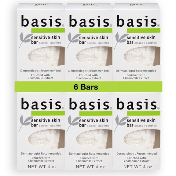 Basis Sensitive Skin Bar Soap HYZ01 for Body, Hands and Face, Unscented Soap Bar for Sensitive Skin with Chamomile and Aloe Vera, Bar Soap Bulk Pack, 4 Oz Bar, Pack of 6