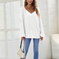 thumbnail image 3 of Blusa de corte casual con cuello en V y manga larga con cordón para mujer de moda para citas en la oficina Blanco XXL, 3 of 6