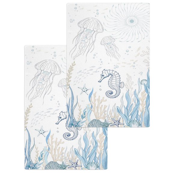 Seahorse Coastal Kitchen Dish Towels for Drying Dishes Set of 2, Summer Beach Ocean Nautical Coral Waffle Weave Microfiber Hand Tea Bathroom Towels Quick Dry & Absorbent Towel 15.7x23.6