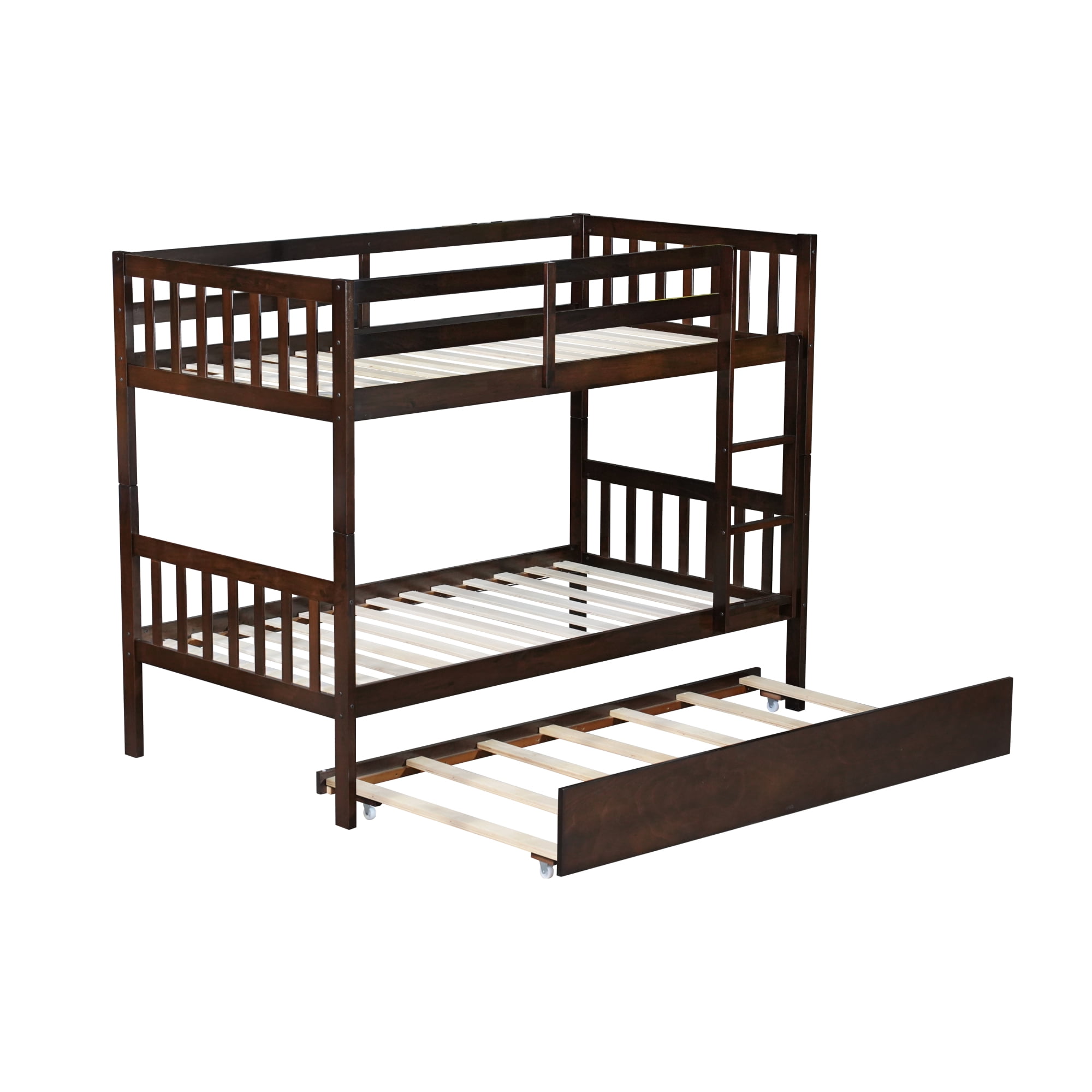 Leumius Twin over Twin Size Bunk Bed Frame with Trundle, Twin Size Bunk Bed with Ladder and Safety Guardrails for Boys Girls Espresso