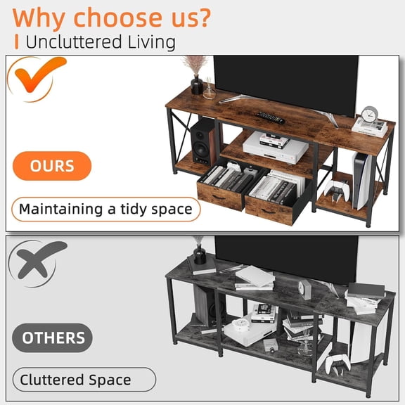 YANGLI TV Stand with Fabric Drawer for 50 55 Inches TV - Entertainment Center and Industrial TV Console Table with Open Storage Shelves for Living Room, Bedroom - 47" Rustic Brown