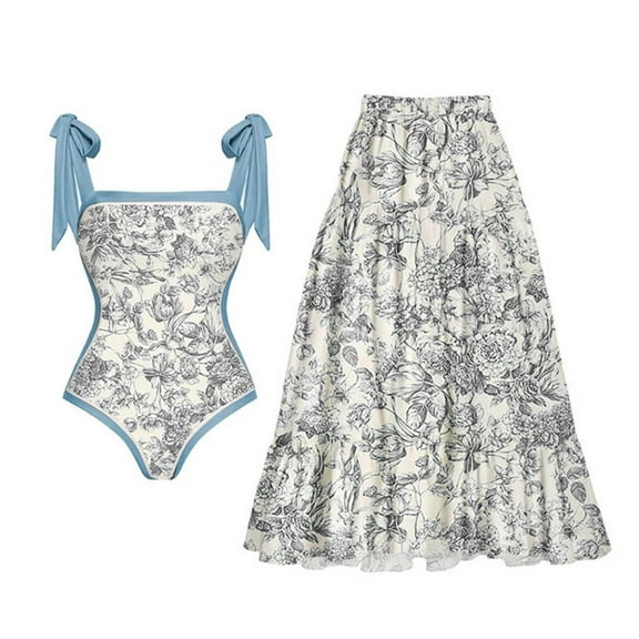 WREESH Womens One Piece Swimsuit with Beach Cover Up Wrap Skirt Sarong New French Retro Belly Covering and Slimming Two-Piece Swimsuit Beach Skirt Bathing Suit Blue