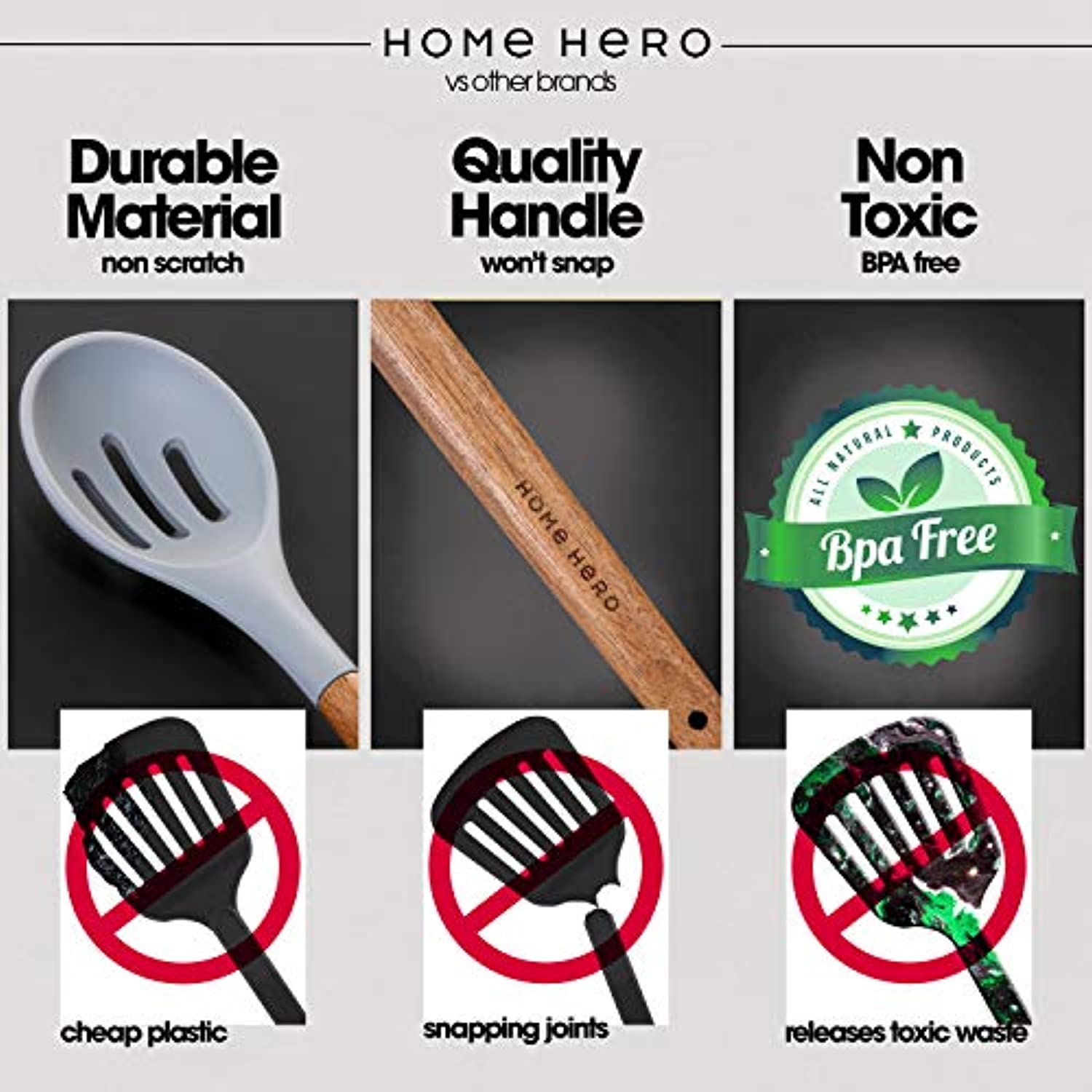 Home Hero - Kitchen Utensils Set - Natural Acacia Wooden Resistant Cooking Utensils - 8pcs - image 9 of 9