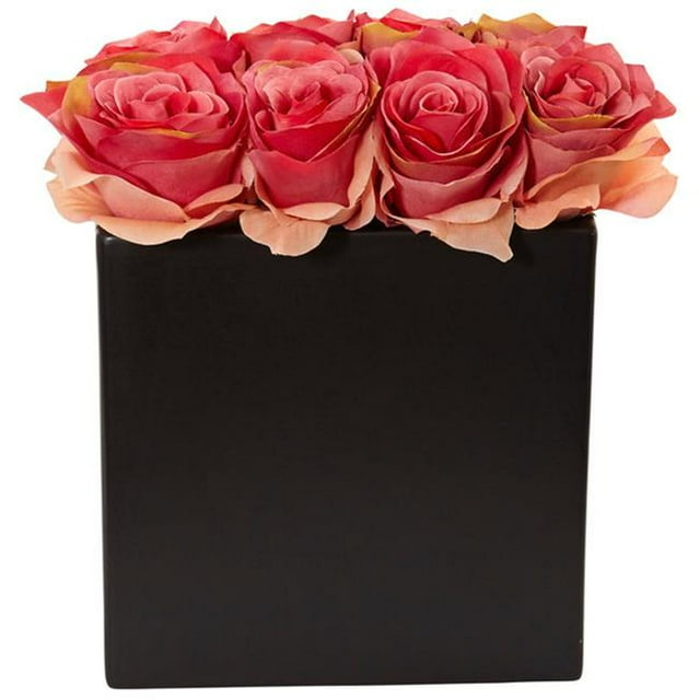 Arrangement de Roses en Vase Noir&44; Rose Foncé