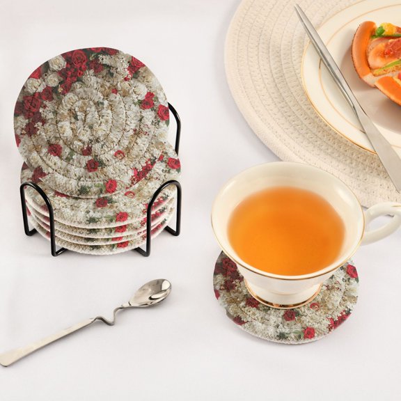 BZSMCE 6Pcs Drink Coasters With Holder 3.94Inch White and Red Rose Layout Creative Coil Coaster Coasters Colors Absorbent Coasters for Drinks Coasters Set Thicken Heat for Home Table
