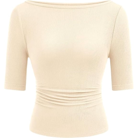 PRETTYGARDEN Womens Summer Short Sleeve Tops Boat Neck Ribbed Knit Slim Fit T Shirt Casual Basic Top Spring Clothes