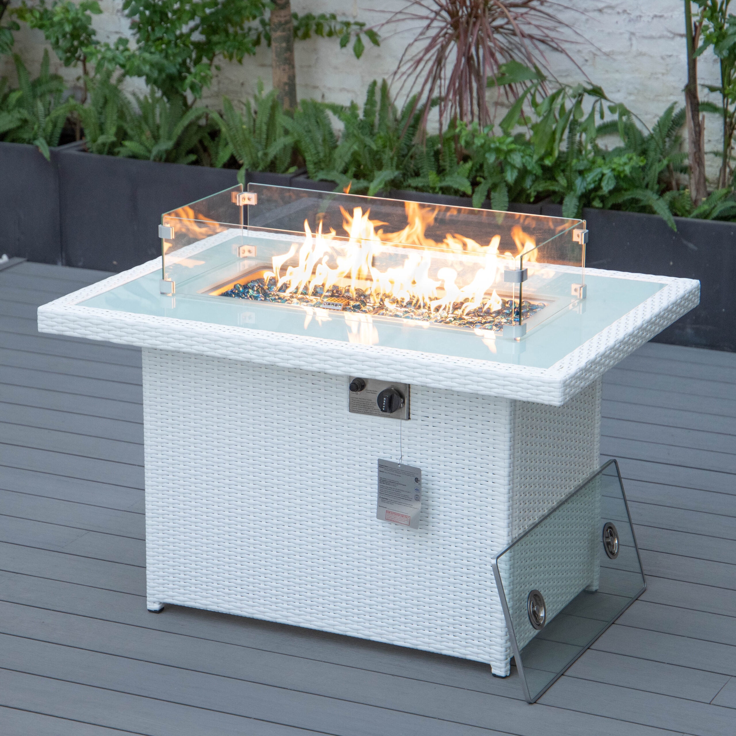 LeisureMod Wicker 55,000 BTU Fire Pit Table with Removable Lid and Tempered Glass Shield Propane Tank Storage for Modern Home, Patio, Backyard Garden Mace Collection in White