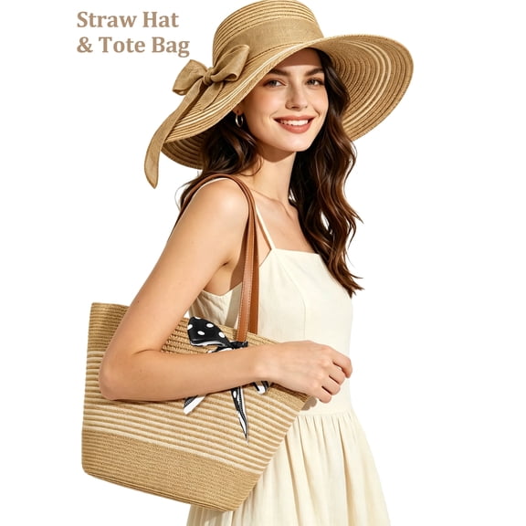 KOITHOT Sun Hat and Tote Bag for Women Set 2Pcs Wide Brim UPF 50 Women Summer Straw Hat for Women, Khaki