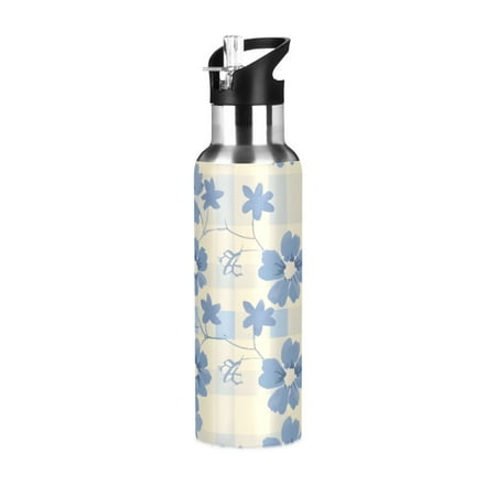 

Blue Floral PatternsSports Bottle with Straw Stainless Steel Water Jug Portable Thermal Cup Leak-proof 1000ML