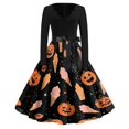 thumbnail image 2 of Halloween Dresses for Women Pumpkin Hepburn V-Neck Vintage Dresses Candy Printed Long Sleeve Classic Swing Dress with Belt S, 2 of 5