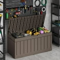 thumbnail image 5 of XYTREW 80 Gallon Deck Box, Waterproof Resin Outdoor Storage Box for Outside and Patio, Outdoor Storage Bench Lockable for Patio Furniture, Garden Tools and Pool Supplies (Light Brown, 80 Gallon), 5 of 14