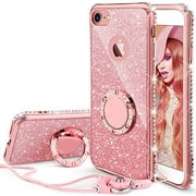iPhone SE 2020 Case, iPhone 7 Case, iPhone 8 Case, Glitter Phone Case Girls with Kickstand, Bling Diamond Rhinestone with Ring Stand Protective Pink Apple iPhone 7 / 8 Case for Girl Women - Rose Gold