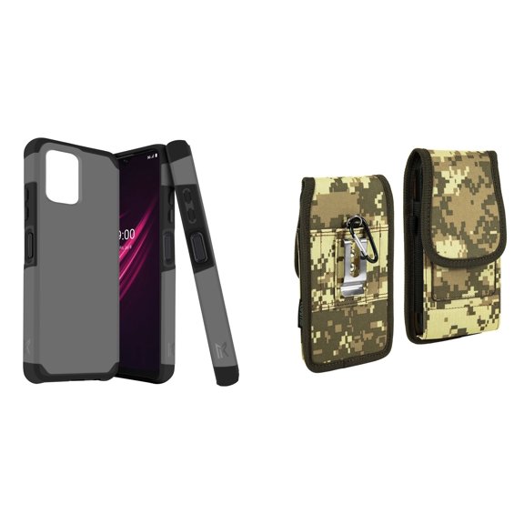 Case and Pouch Bundle for REVVL 6 5G: Dual Layer Slim Case (Grey) and Vertical Rugged Nylon Belt Holster (Digital Camo)