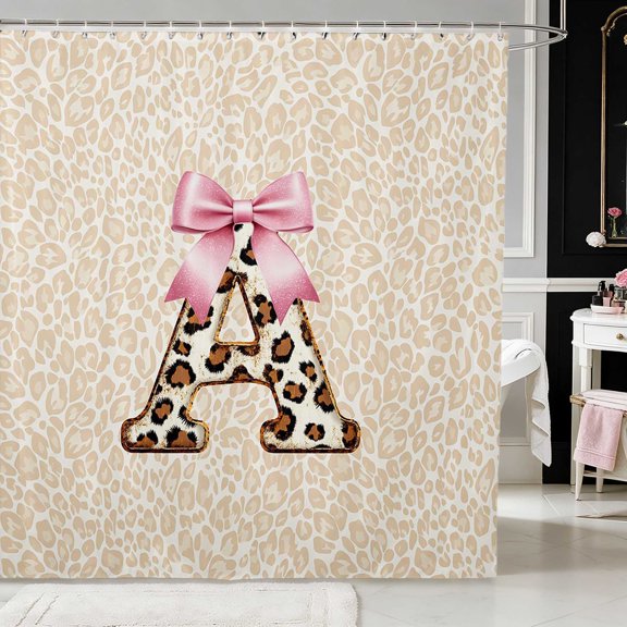 Erosebridal Pink Leopard Letter Bow Shower Curtain 72Wx72L for Girls, Cheetah Alphabet Animal Waterproof Bathroom Curtain