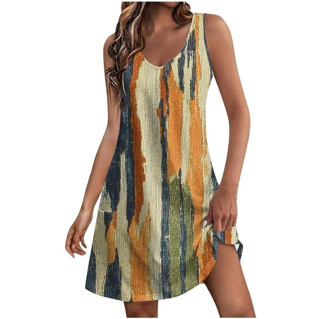 Ovzne Robes pour Femmes Robe d'Été Décontractée Mode à Imprimé avec Poche Sans Manches à Col en V Robe Grande Taille Robe Maxi Imprimée Liquidation
