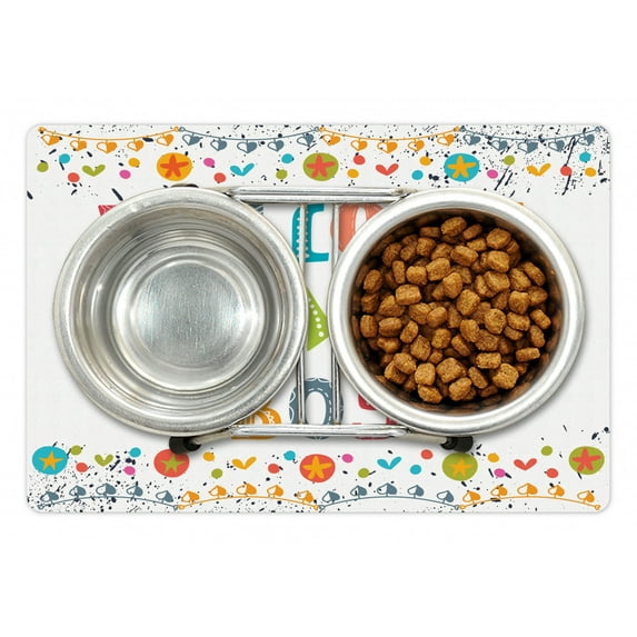 Baby Shower Pet Mat for Food and Water, Colorful Welcome Baby Boy Message with Letters and Star Motifs Dripping, Non-Slip Rubber Mat for Dogs and Cats, 18" X 12", by Ambesonne