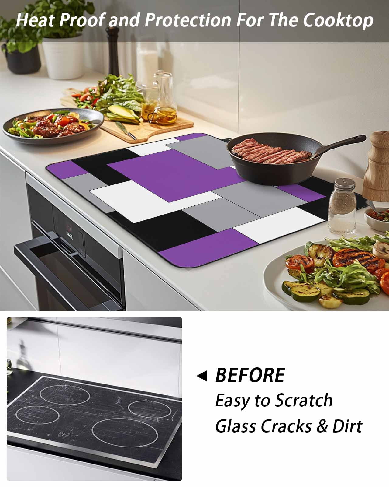 Stove Top Covers for Electric Stove,Purple Grey Black Geometric Glass Stovetop Cover Protector,Middle Century Art Abstract Aesthetics Cooktop Protector Oven Mat for Kitchen Countertop 24"x21"