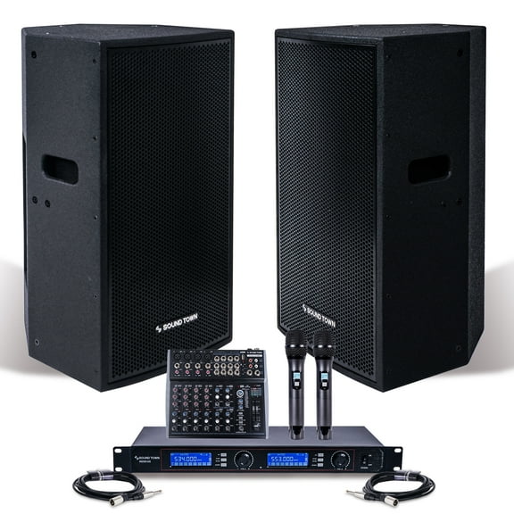 Sound Town Professional PA System with 15" Powered PA speakers, 200-Channel Wireless Microphone System, 12-Channel Audio Mixer and Audio Cables (NESO-CARME115-S1)